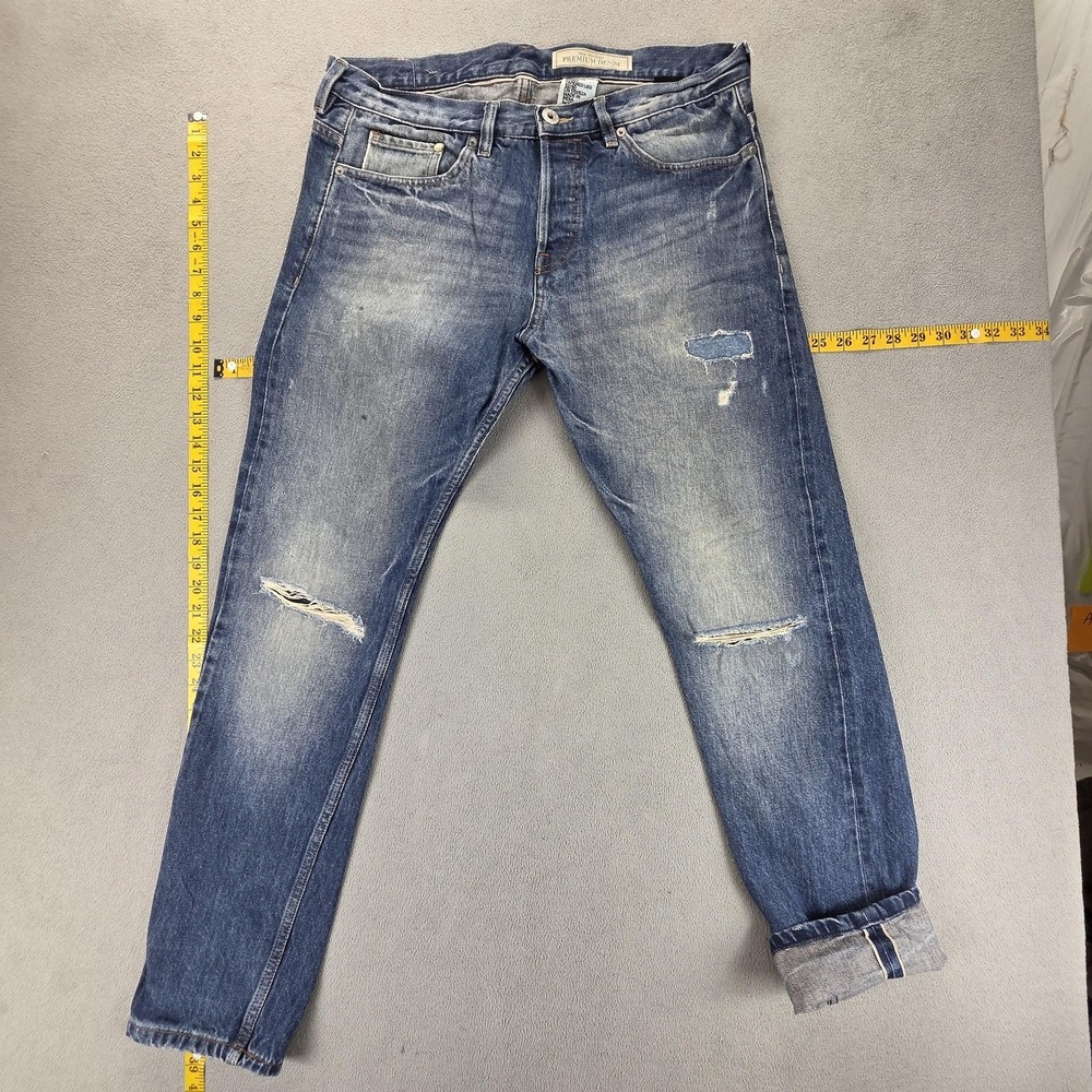 H&M Jeans Mens Blue Selvedge Slim Tapered Thrashed Fits 34x30